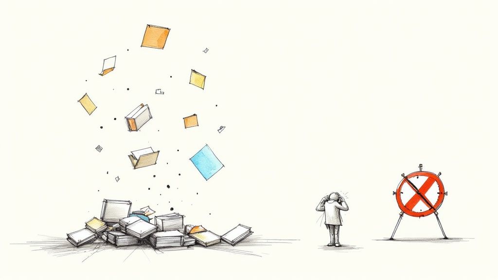 A person looking stressed while working on a laptop surrounded by messy papers.