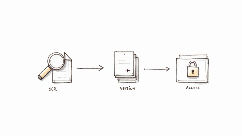 A workflow diagram showing OCR converting documents, followed by versioning, and finally secure access within a browser.