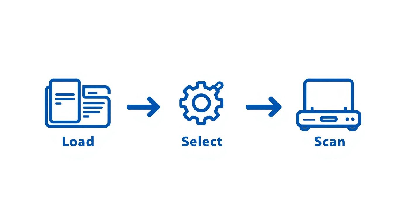 Three step workflow diagram showing load documents, select settings, and scan process icons