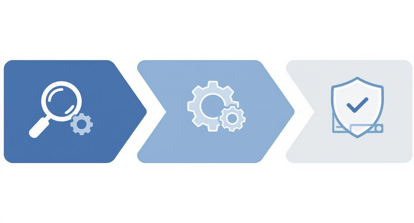 Blue and grey icons depicting a secure document management process from analysis to protection.