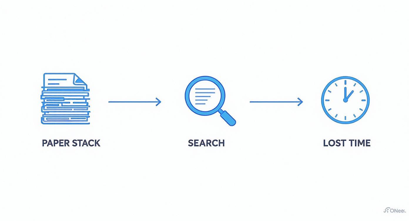 An infographic showing the manual document handling process, starting with a stack of paper, leading to a search icon, and ending with a clock icon representing lost time.
