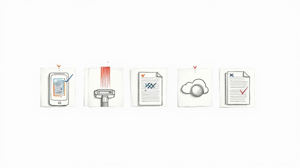 A person’s hands organizing digital files on a tablet screen, with icons for scanners and cloud storage visible.