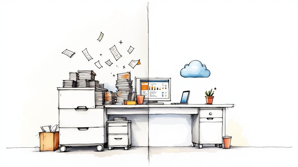 Split image showing messy paper documents vs a clean, digital desk with a cloud icon.