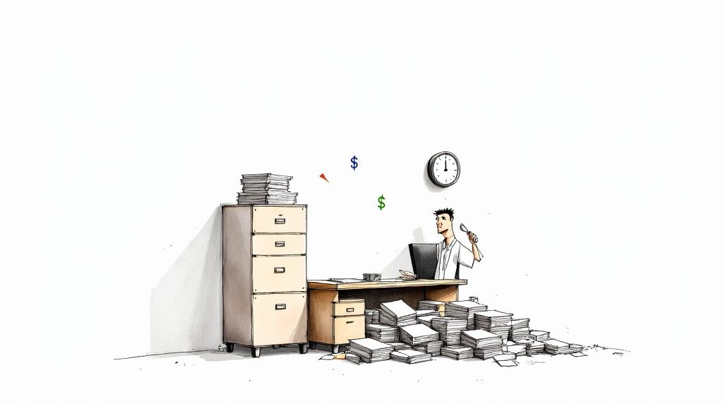 An organized office with a person working on a laptop, indicating a modern, paperless workflow.