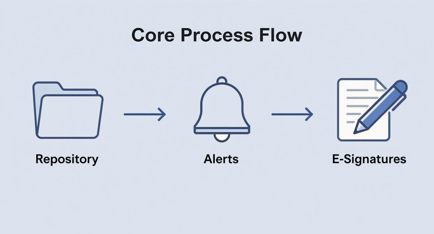 Infographic showing the core process flow of contract management software from a central repository, to automated alerts, to e-signatures.