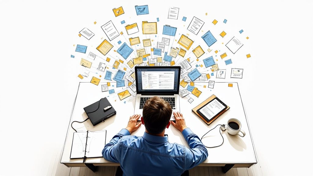 A consultant looking stressed while working on a laptop at a messy desk, representing digital clutter.