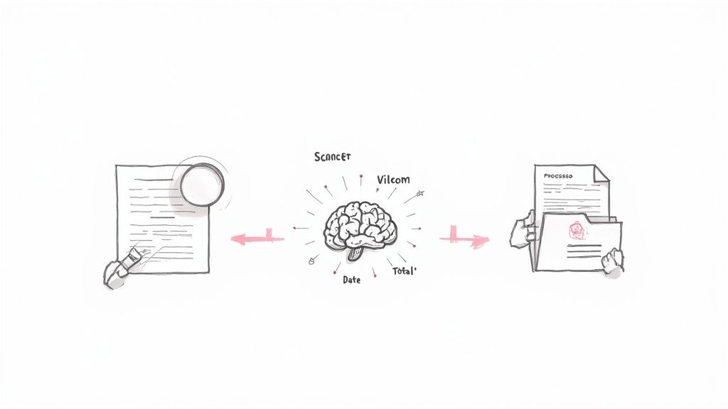A person organizing digital files on a futuristic interface, representing the order brought by intelligent document processing.