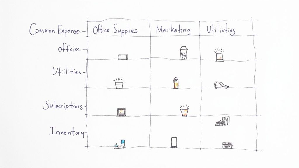 Hand-drawn matrix chart organizing common business expenses into categories like office supplies, marketing, and utilities