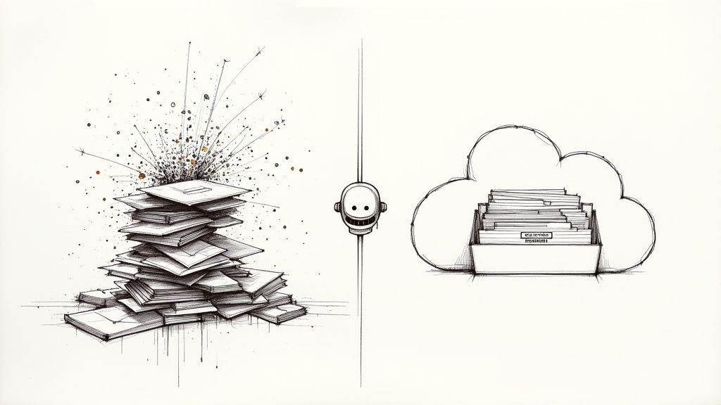 A messy desk with scattered papers next to a clean, organized digital workspace on a laptop, showing the transformation from chaos to order.