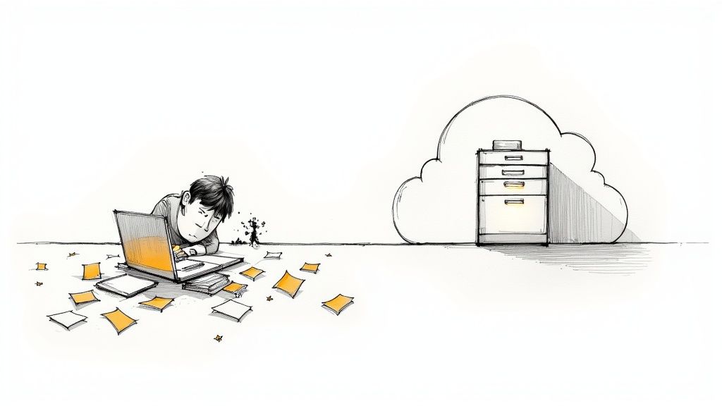 A person sitting at a desk with organized files, illustrating the peace of mind from cloud document management.