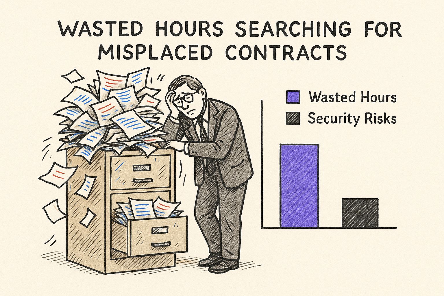Infographic showing a weary lawyer leaning on a cluttered filing cabinet, symbolizing wasted time and security risks.