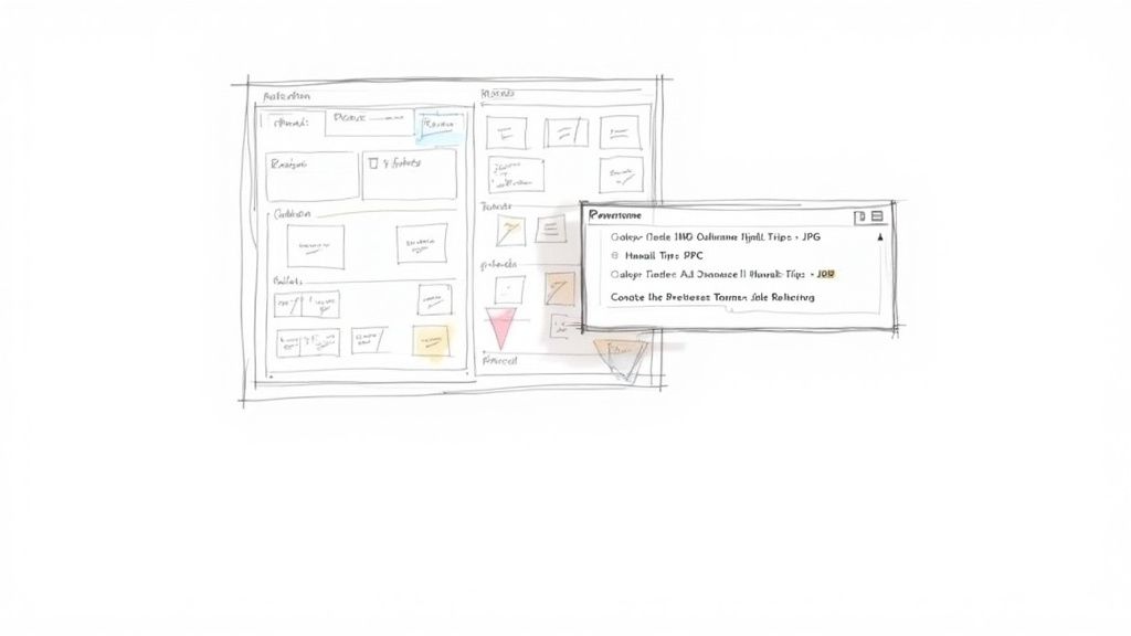 A hand-drawn sketch of a file management UI, displaying a ‘Rowernome’ popup with file renaming options.