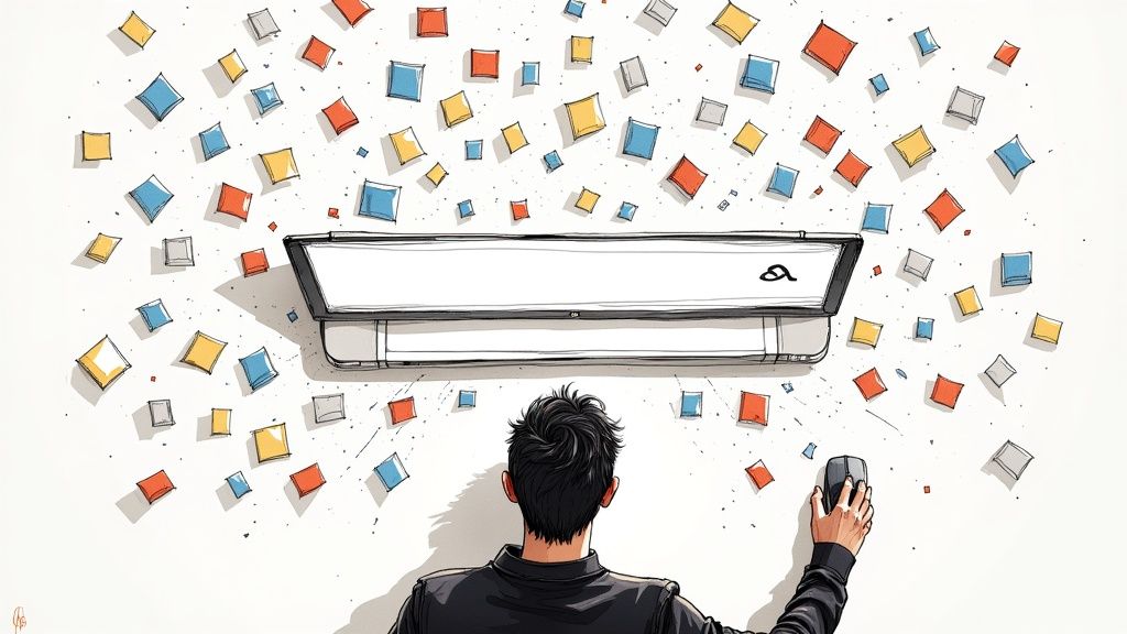 A person looking stressed while searching for files on a laptop.