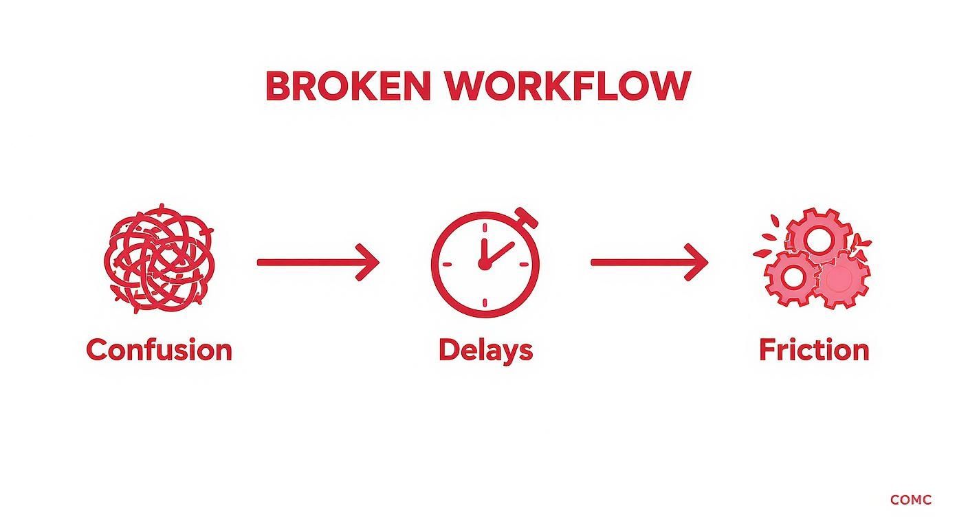 Infographic showing how broken workflows lead to confusion, delays, and friction.