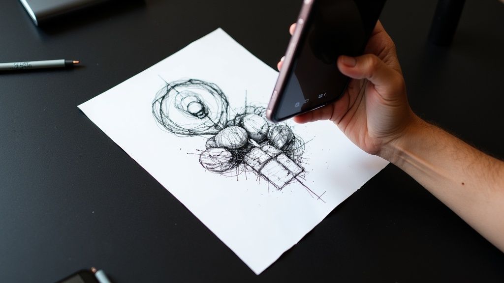 Hand holding smartphone scanning hand-drawn architectural sketch on white paper with pen nearby