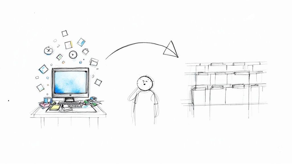 An organized desk with a laptop and neatly stacked files, representing order brought by AI document management.