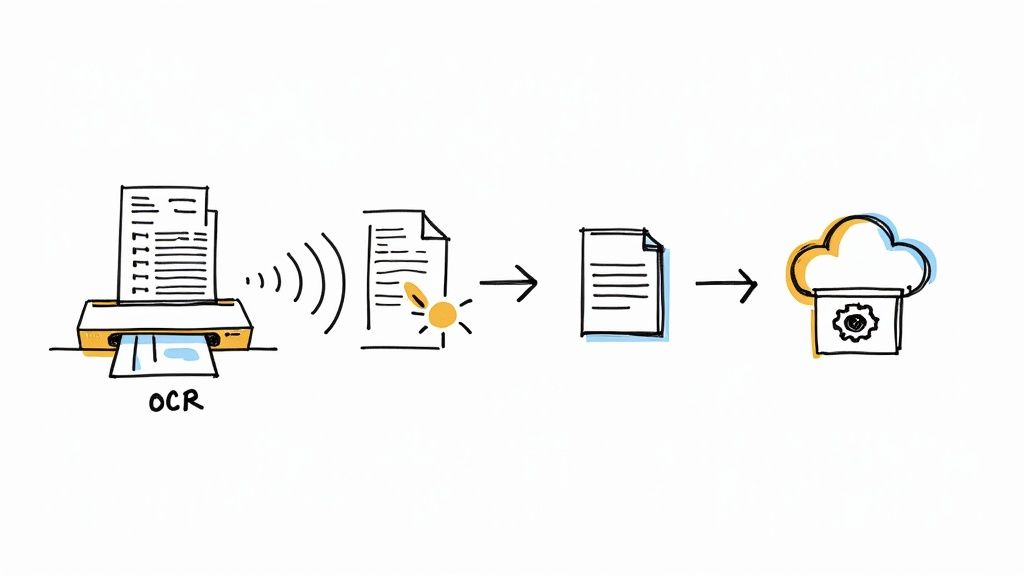 OCR workflow diagram showing document scanning, processing, digitization and cloud storage automation process