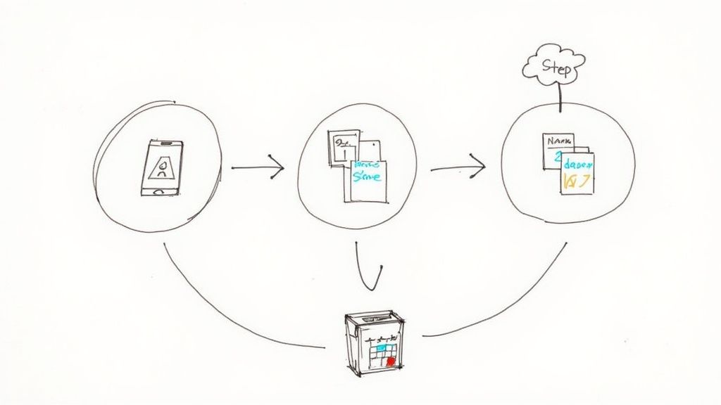 A person scanning a document with a smartphone while a shredder is visible in the background, symbolizing the capture-and-destroy workflow.