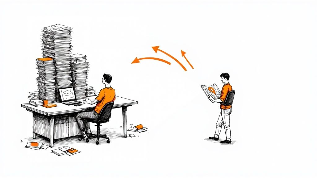 A modern, organized desk with a laptop, reflecting a paperless document management system.