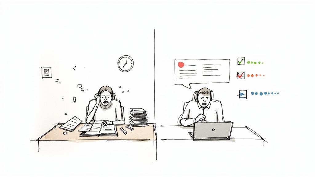 A person smiles while looking at a clean financial dashboard, representing peace of mind.