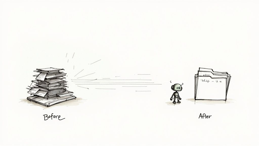 Before and after illustration showing paper pile transformed into organized digital files through automation