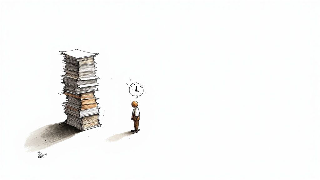 A cluttered desk with stacks of paper and a person looking overwhelmed.