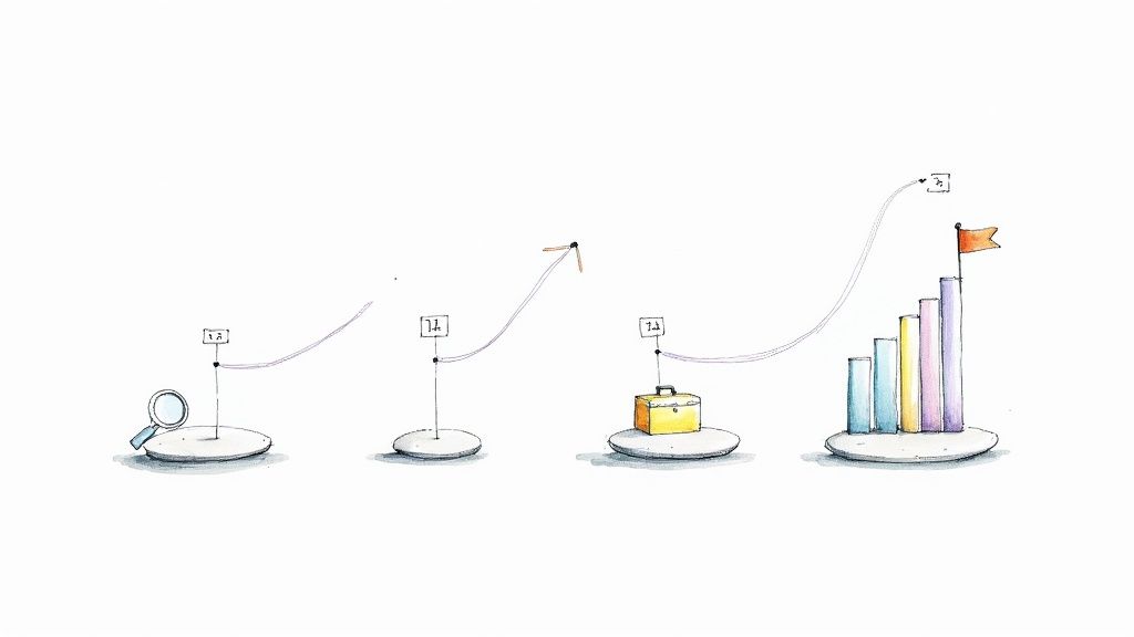 Business growth journey visualization showing progression from research through stages to success with bar chart