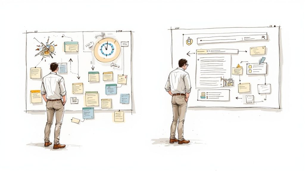 Two men analyze complex diagrams and user interface wireframes on large whiteboards, representing project planning and system design.