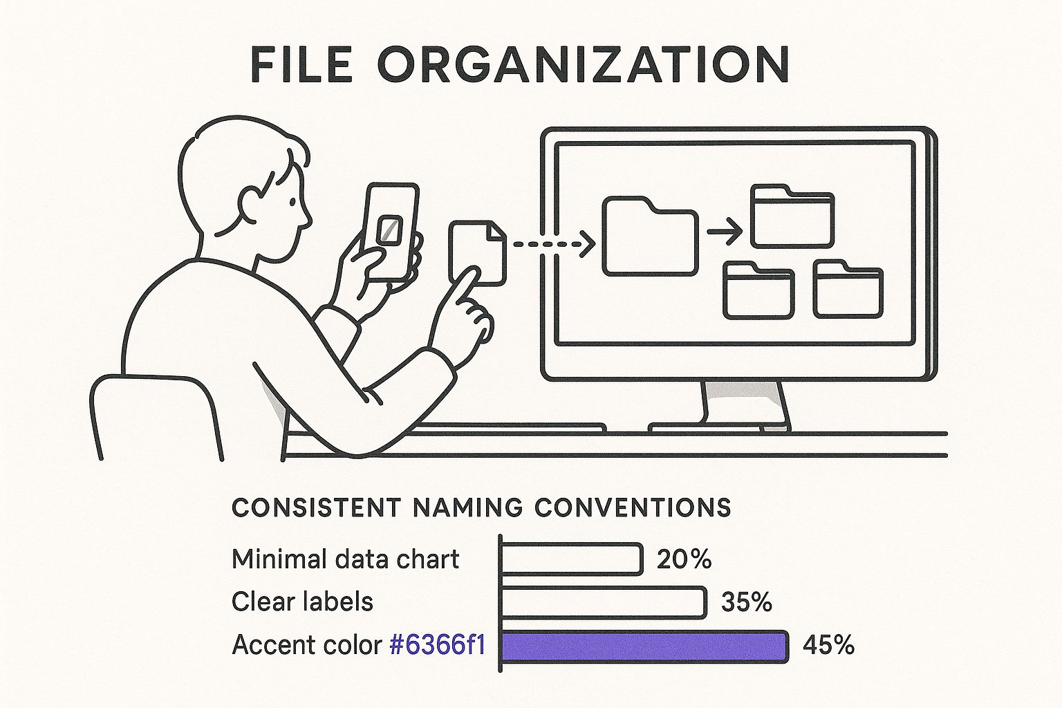 Infographic showing a person easily managing files on mobile and desktop using a freelancer file management tool.