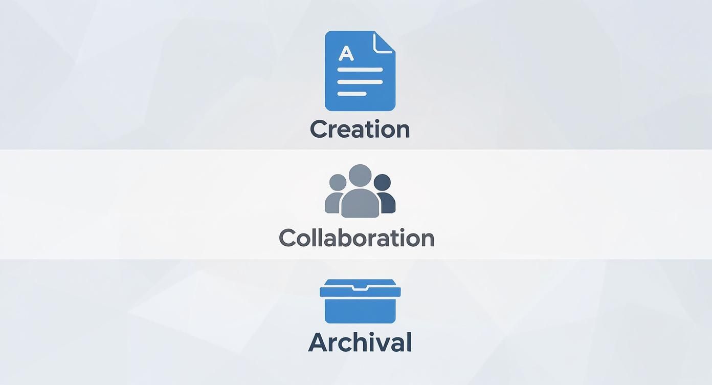 Three icons showing document creation, team collaboration, and archival storage for business workflow management