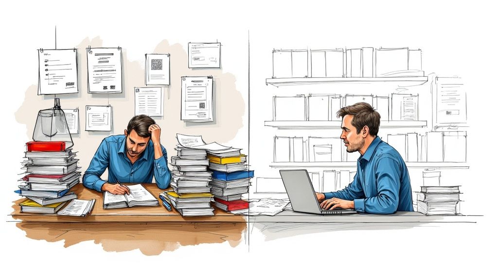 Illustrates the contrast between overwhelming physical document management and efficient digital workflow.