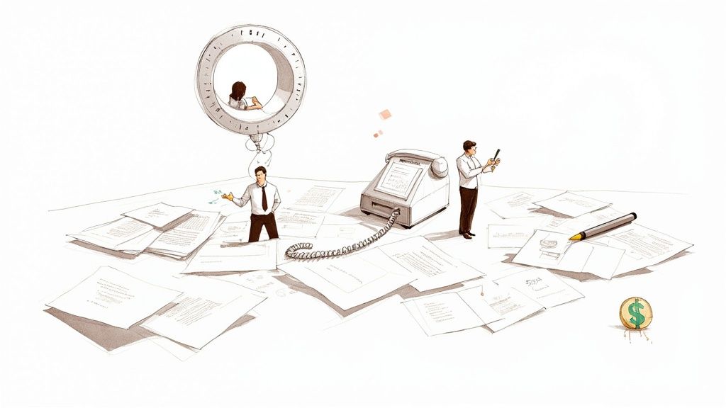 A person looking stressed while organizing a messy pile of documents and contracts on a desk.