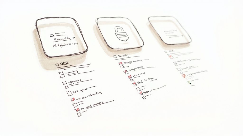 A person at a desk interacting with digital document management software on a computer screen, indicating a modern, paperless workflow.