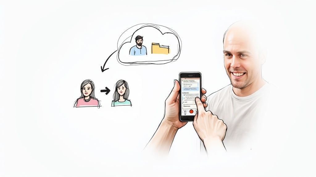 A smiling man uses a mobile app connected to a cloud for digital document management and data.