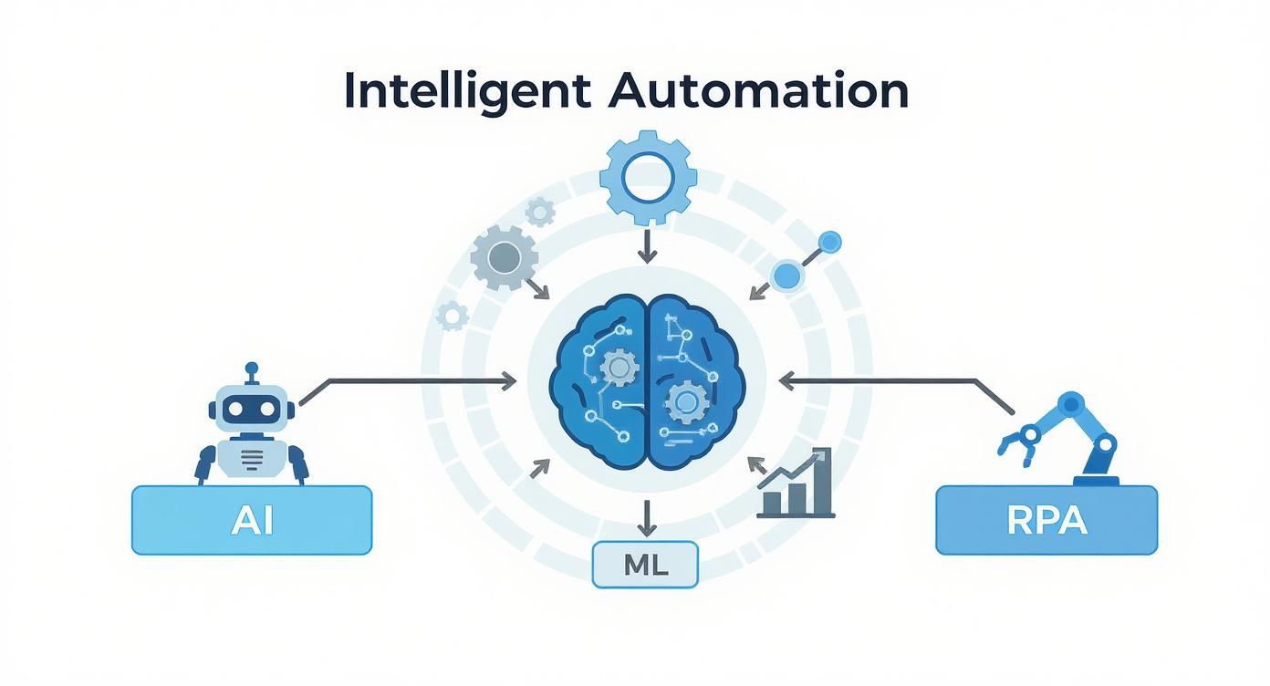 Intelligent automation diagram showing AI, RPA, and ML connected to central brain with gears