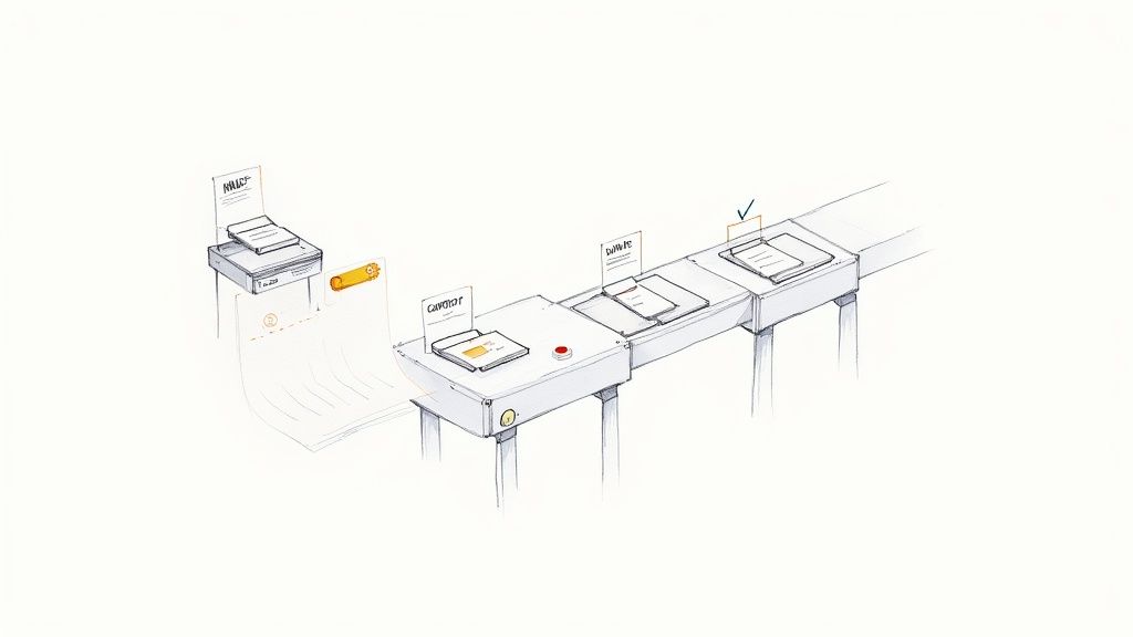A hand-drawn diagram illustrating a data processing workflow on a conveyor belt system with various stations.