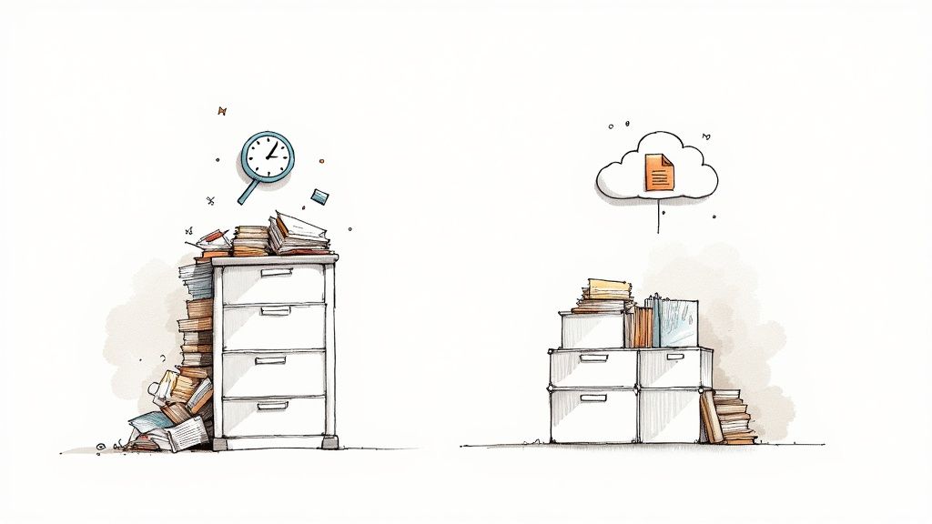 An organized digital library on a computer screen, representing a paperless document management system.