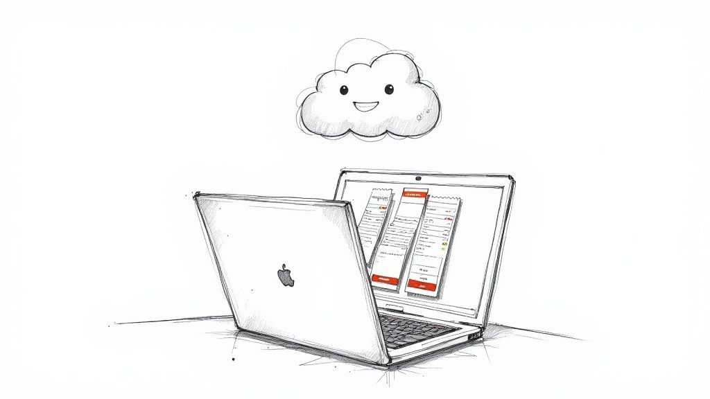 A person scanning a receipt with their smartphone to upload it to cloud storage.