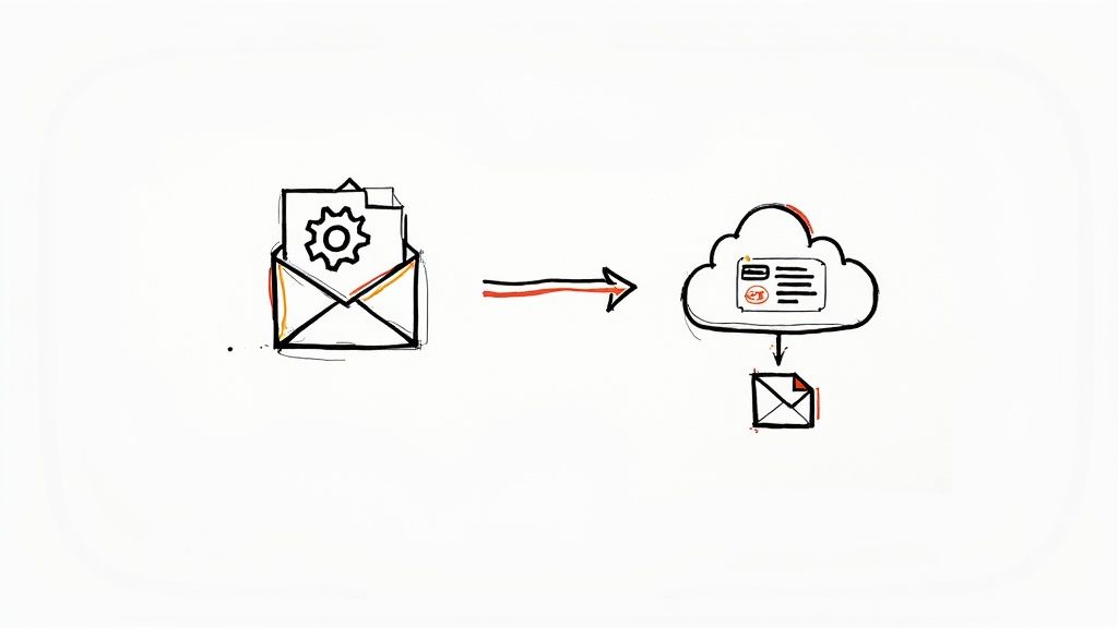 An illustration showing a computer with a workflow automation diagram connecting email to cloud storage.
