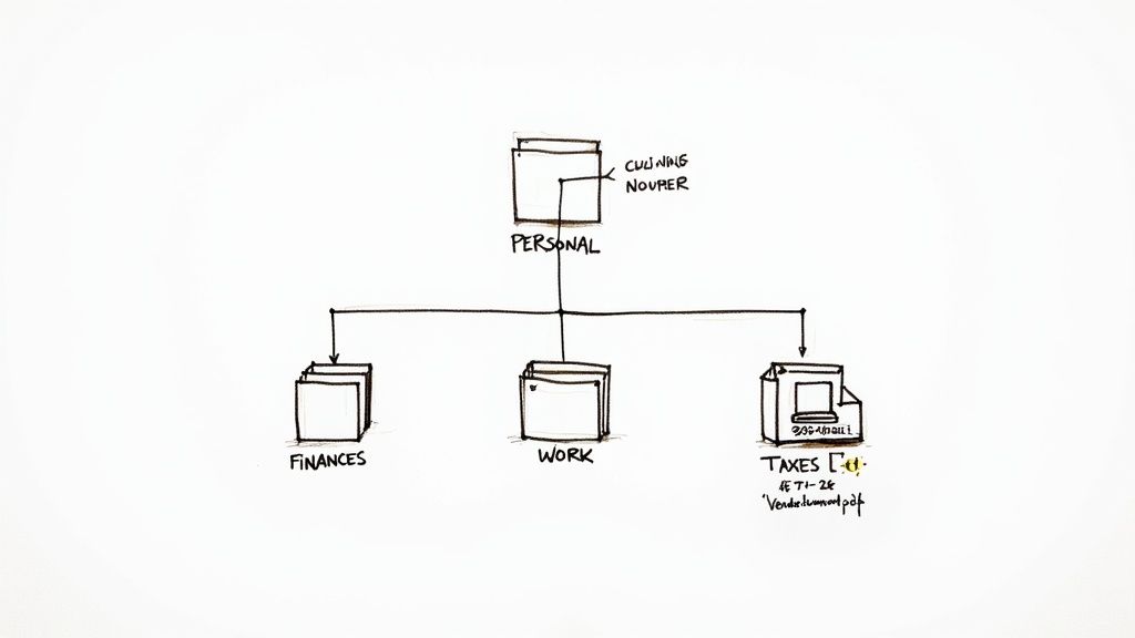 A clear, organized digital folder structure shown on a laptop screen with icons for finances, personal, and work.