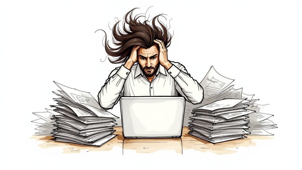 A person looking stressed while surrounded by stacks of paperwork and a cluttered desk.