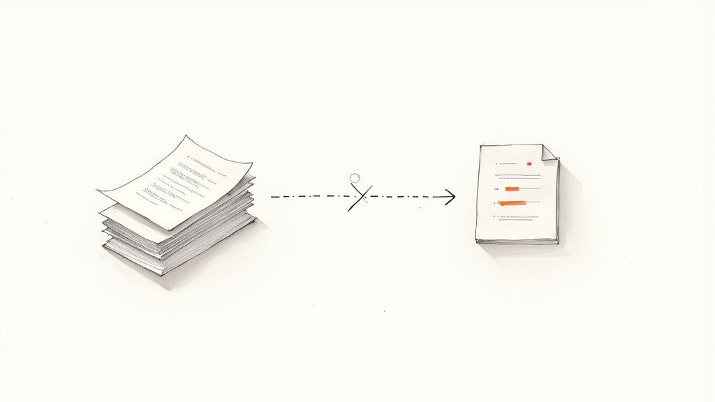 Stack of paper documents transforming into digital organized files illustration showing scanning process