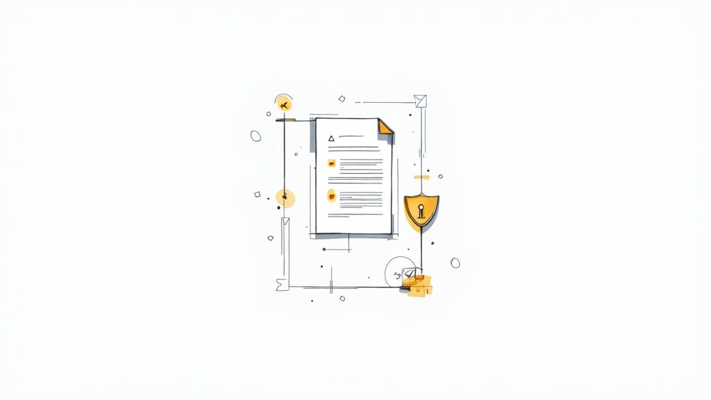 A digital lock icon overlaid on a stack of documents, symbolizing secure contract storage.