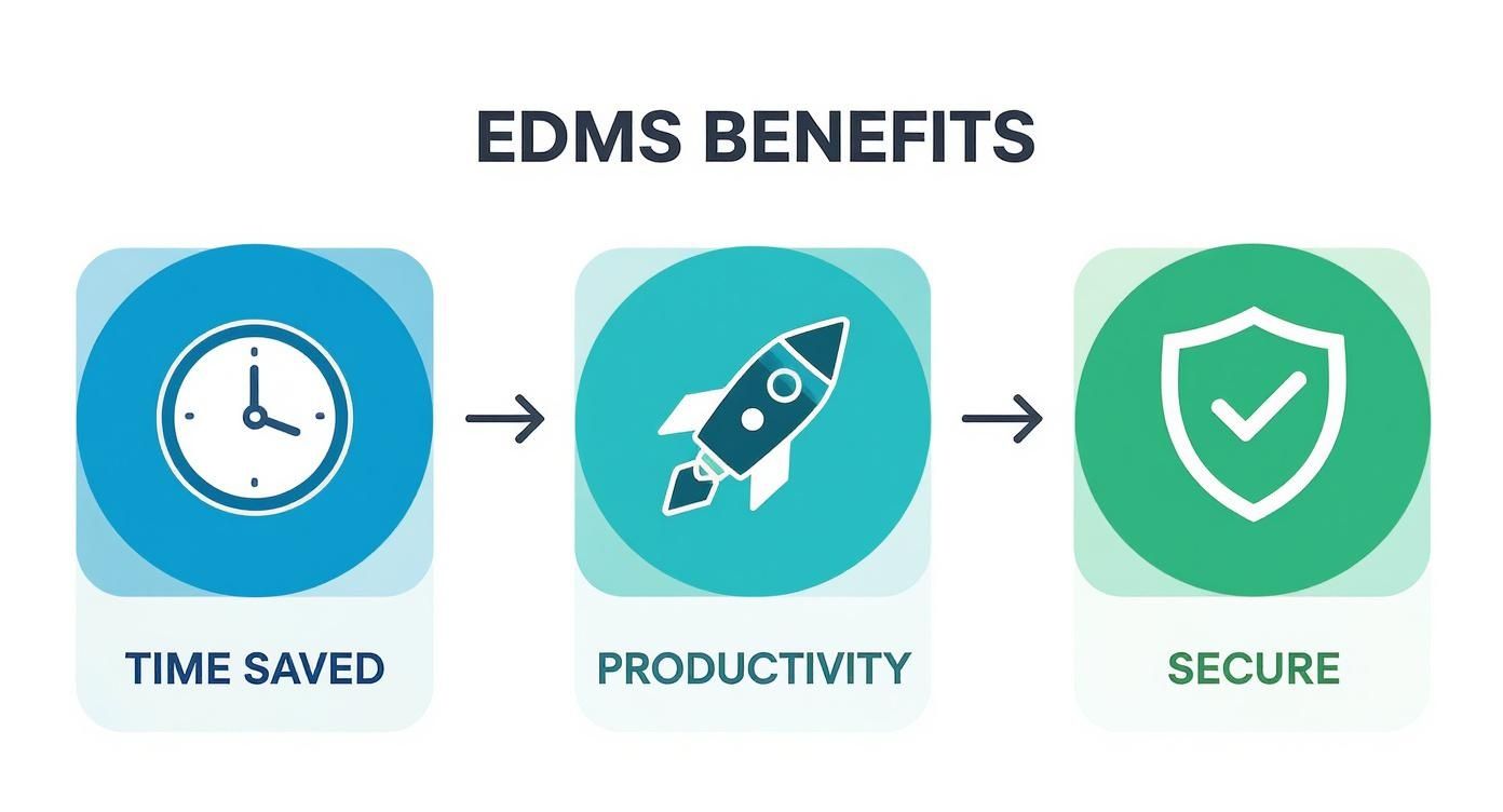 Infographic showing EDMS benefits: time saved, increased productivity, and enhanced security.