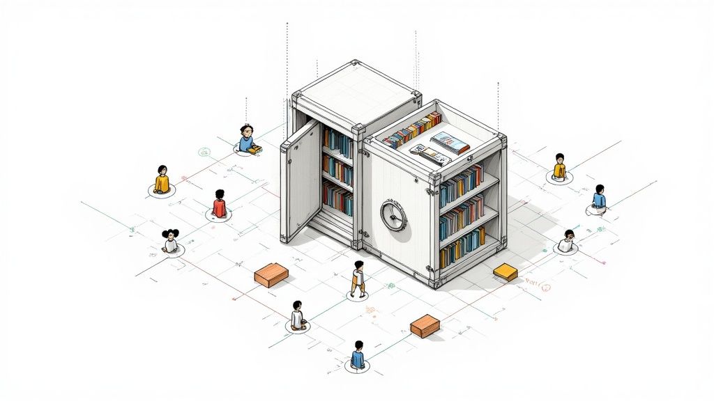 An illustration showing a group of diverse people collaboratively building a large digital document icon, representing community-driven software development.