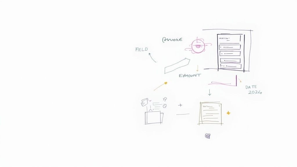 An abstract image showing AI neural networks and document icons, symbolizing intelligent document management.