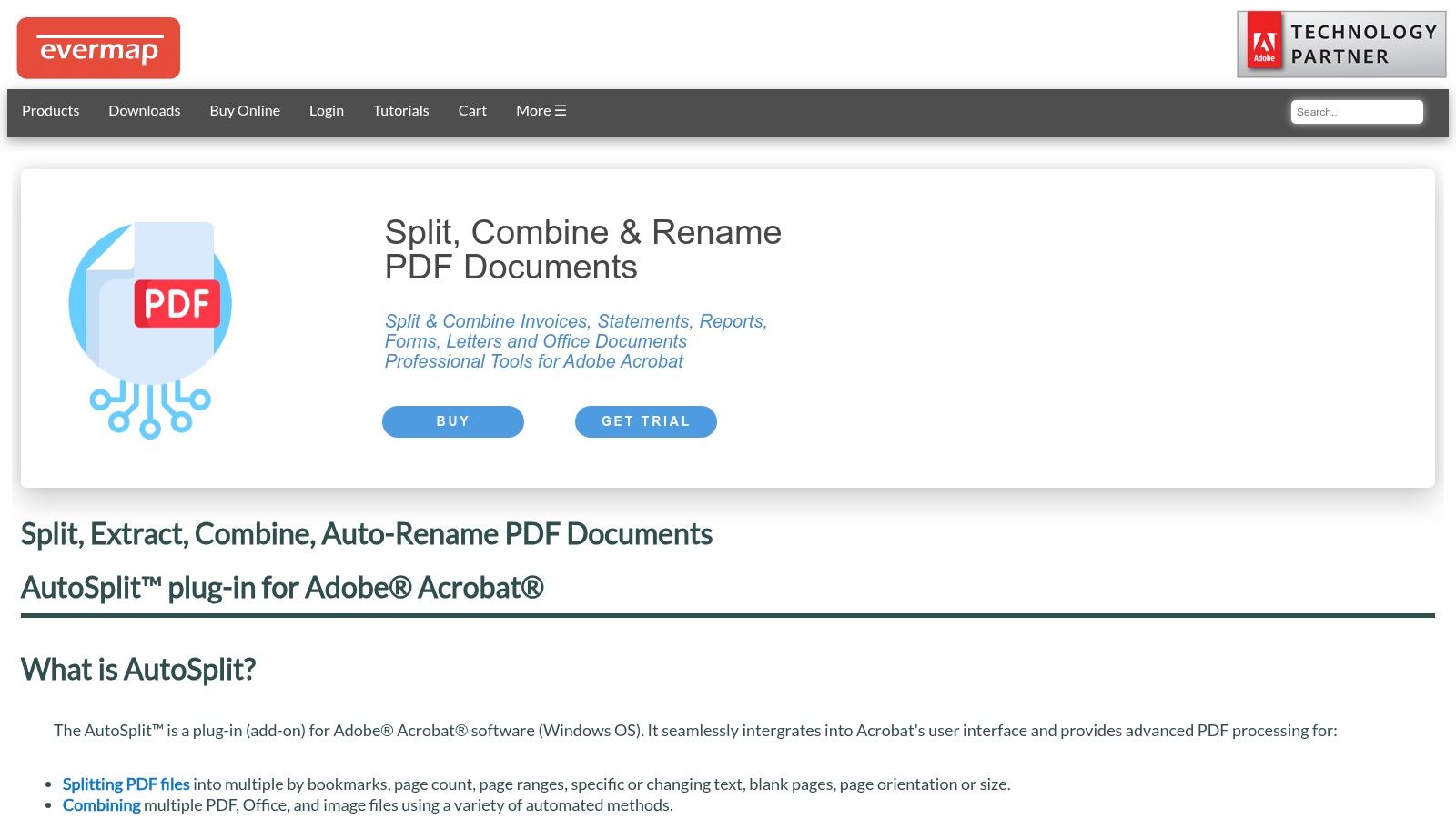 EverMap AutoSplit showing its user interface for setting up splitting and renaming rules within Adobe Acrobat.
