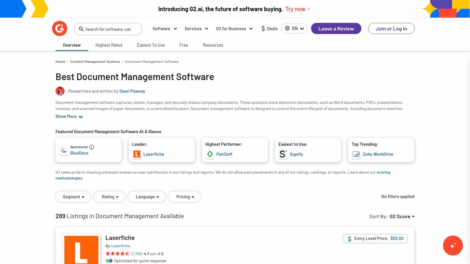 G2 — Document Management Software category