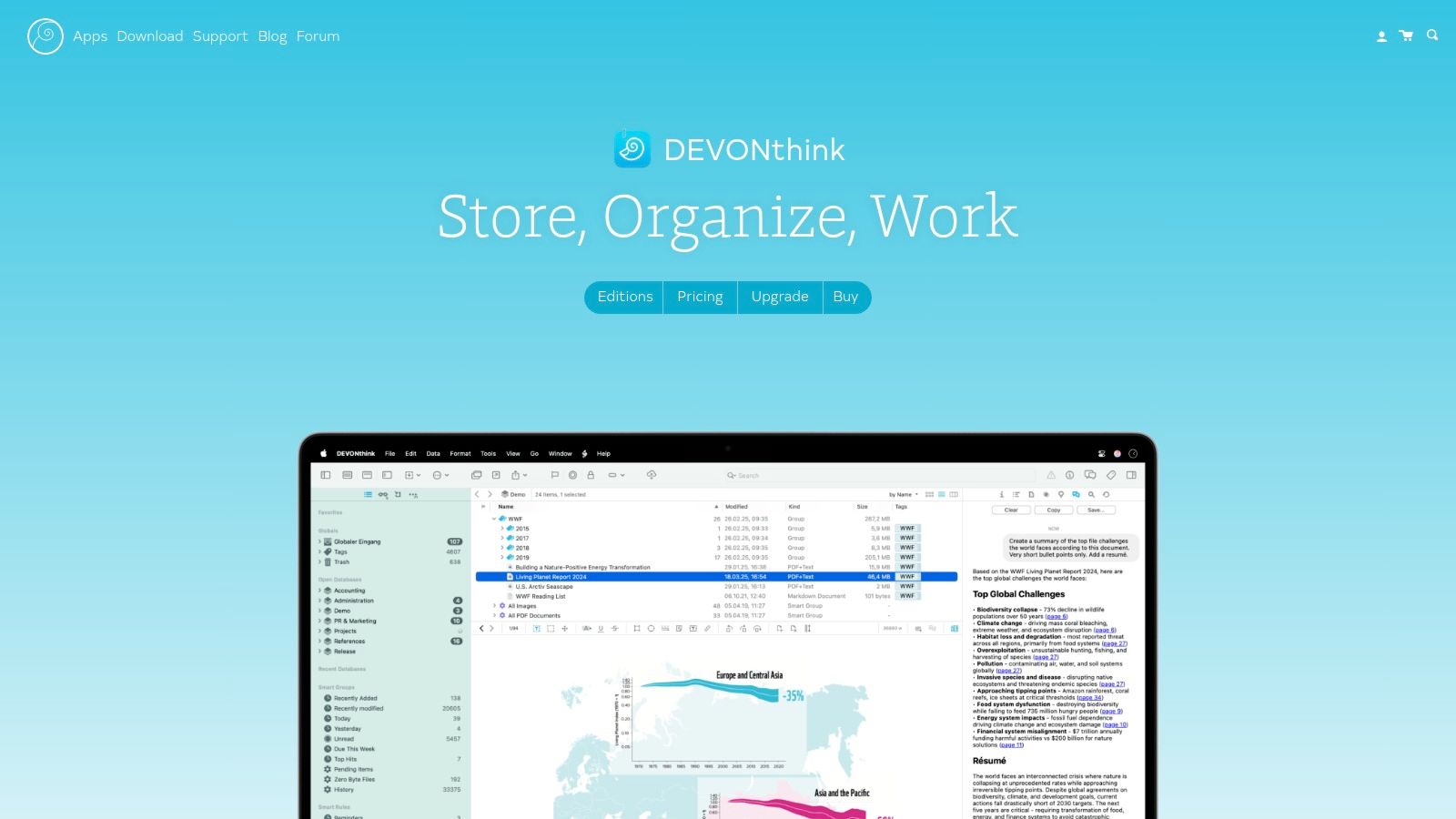 DEVONthink’s interface showing its organisational structure and powerful document management capabilities.