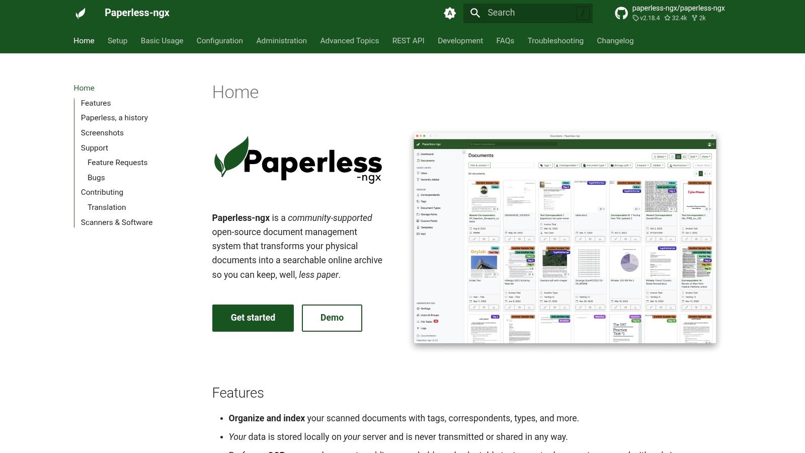 The paperless-ngx dashboard showing a clean interface for managing and searching scanned documents.